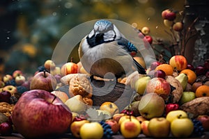 morbidly obese bird, surrounded by bountiful feast of fruits and nuts