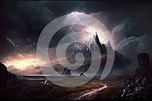 mordor landscape with stormy sky, lightning bolts and rolling clouds