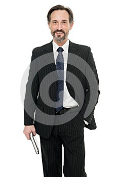 More career confident and ambitious than ever. Happy businessman isolated on white. Elegant businessman or entrepreneur