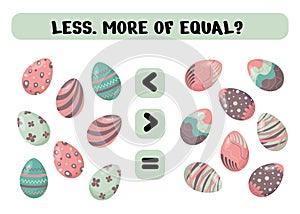 More, less with cartoon Easter eggs.Comparison of objects for kids. Math educational game for childre