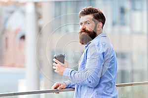 More coffee. morning coffee. Mature hipster with beard. Bearded man relax. brutal hipster with coffee cup. energy charge