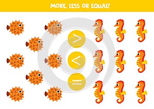 More, less or equal with cartoon blowfish and seahorse