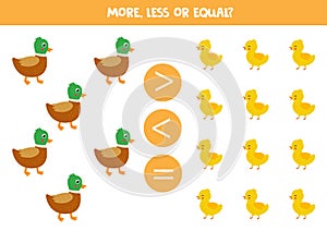 More, less or equal with cartoon ducks and ducklings