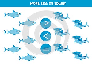 More less or equal with cartoon hammerhead shark and blue shark