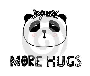 More hugs scandinavian cartoon cute panda. Nordic funny print for nurcery room. Vector cartoon card