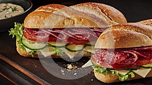 More scenes of a Banner slide of delicious fresh homemade baguette with salami on wooden board with cheese and salami