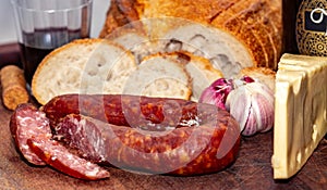 More traditional rustic Italian food, bread, salami, cheese and wine