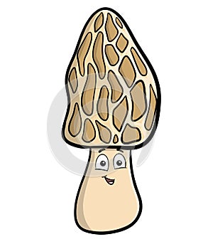 A morel mushroom cartoon character smiling