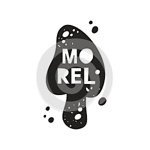 Morel mushroom grunge sticker. Black texture silhouette with lettering inside. Imitation of stamp, print with scuffs