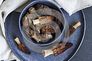 Morel mushrooms in a blue bowl