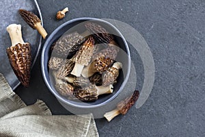 Morel mushrooms in a blue bowl