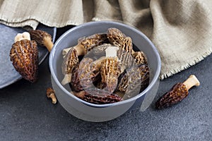 Morel mushrooms in a blue bowl