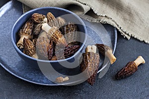 Morel mushrooms in a blue bowl