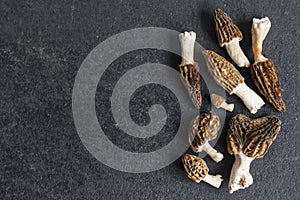 Morel mushrooms closeup on black background