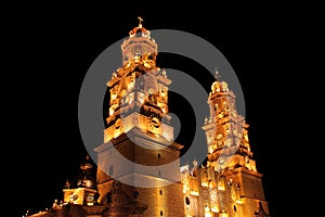 Morelia cathedral at night in michoacan, mexico.