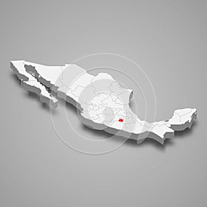 Morelos region location within Mexico 3d map