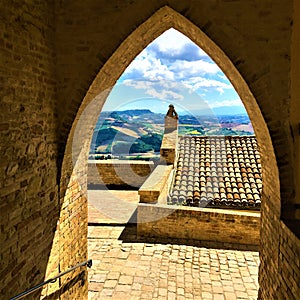 Moresco town in Fermo province, Marche region, Italy. Medieval arch, impressive view and peace