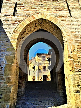 Moresco town in Fermo province, Marche region, Italy. Medieval arch, Middle Ages and fascination