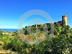 Moresco town in Fermo province, Marche region, Italy. Medieval atmosphere, sea and vegetation