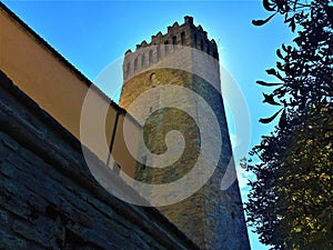 Moresco town in Fermo province, Marche region, Italy. Medieval tower, symbol and tree