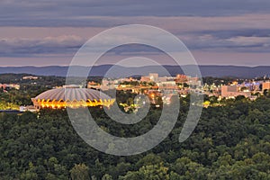 Morgantown WV City Skyline lights and the WVU Coliseum at dusk photo