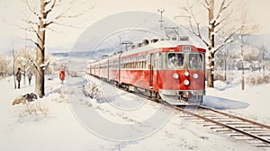 Mori Kei Inspired Winter Watercolor Painting Of A Manned Train In Japan