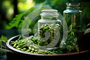 Moringa capsules in glass jars. Biological food additive