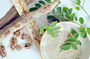 Moringa leaf, seed and powder on white background