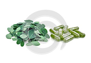 Moringa leaves and moringa oleifera capsule on white