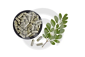 Moringa oleifera; Moringa Leaves And Capsules On White Background