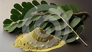 Moringa powder and green leaves on gray background Generative AI