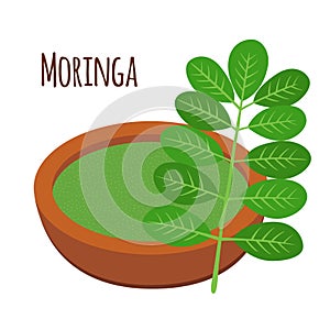 Moringa, vegetarian superfood. Healthy nutrition. Herb, vegetable, powder, tree in flowerpot.