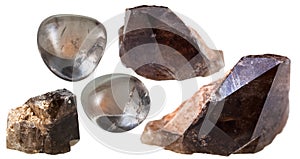 Morion (smoky quartz) crystals and gem stones