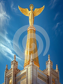Mormon Angel Moroni Statue Trumpeting atop a Temple The figure blends with the sky