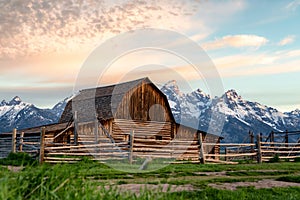 Mormon Row in Jackson Hole, Wyoming on a partially cloudy day