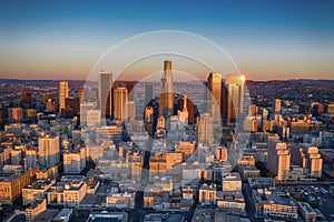 Morning aerial shot of City of Los Angeles at sunrise in California