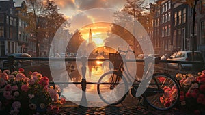 Morning in Amsterdam. Golden Sunrise over Bicycle, Flower and Bridge in a Scenic Cityscape View