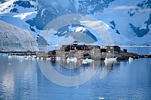 Morning in Antarctica, beautiful landscape with small Chilean Gonzalez-Videla Station, Paradise Bay, Antarctica photo