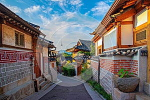 Morning atmosphere of Bukchon hanok village and seoul tower background,south korea