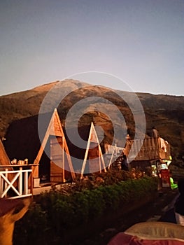 Morning atmosphere at the mangli sky view of the slopes of Mount Sumbing Indonesia