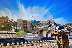 Morning atmosphere of Namsangol traditional village and seoul tower,south korea photo