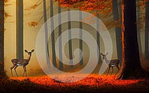 Morning in autumn forest in the mist. Generative Al Illustration