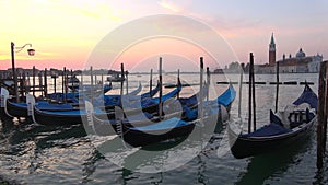 Morning in the bay of San Marco. View of the moored gondolas. Venice