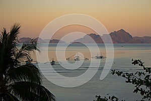 Morning on beach with trees and boats. Sunrise in Palawan island, Philippines. Tropical isles in morning dusk.