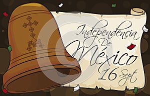 Bell and Scroll under Confetti Shower Promoting Mexican Independence Day, Vector Illustration photo