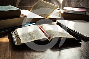 Morning bible reading on wooden floor