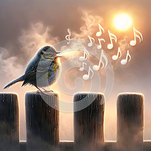 Morning Bird Singing A Song In Morning Mist