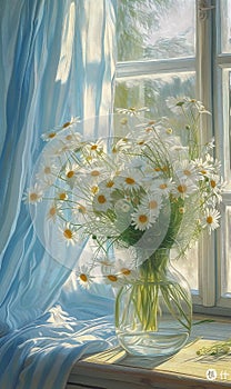 Morning Bliss: A Vase of Daisies in Soft Light and Sunny Surroun photo