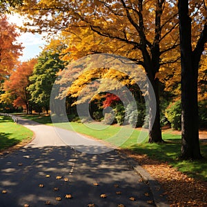 Morning blur in autumn park. Orange red maple leaves. Yellow forest tree on background. Fall season nature scene