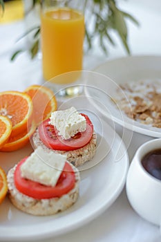 Morning breakfast with brochette and orange juice